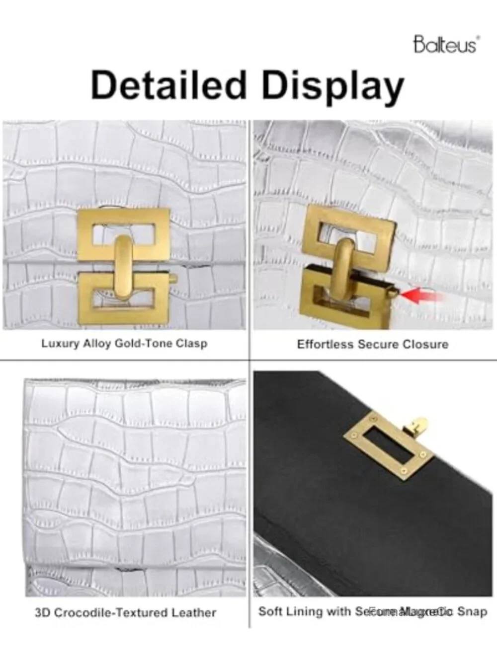 Croc-Embossed Metallic Envelope Clutch for Women, Faux Leather Evening Bag